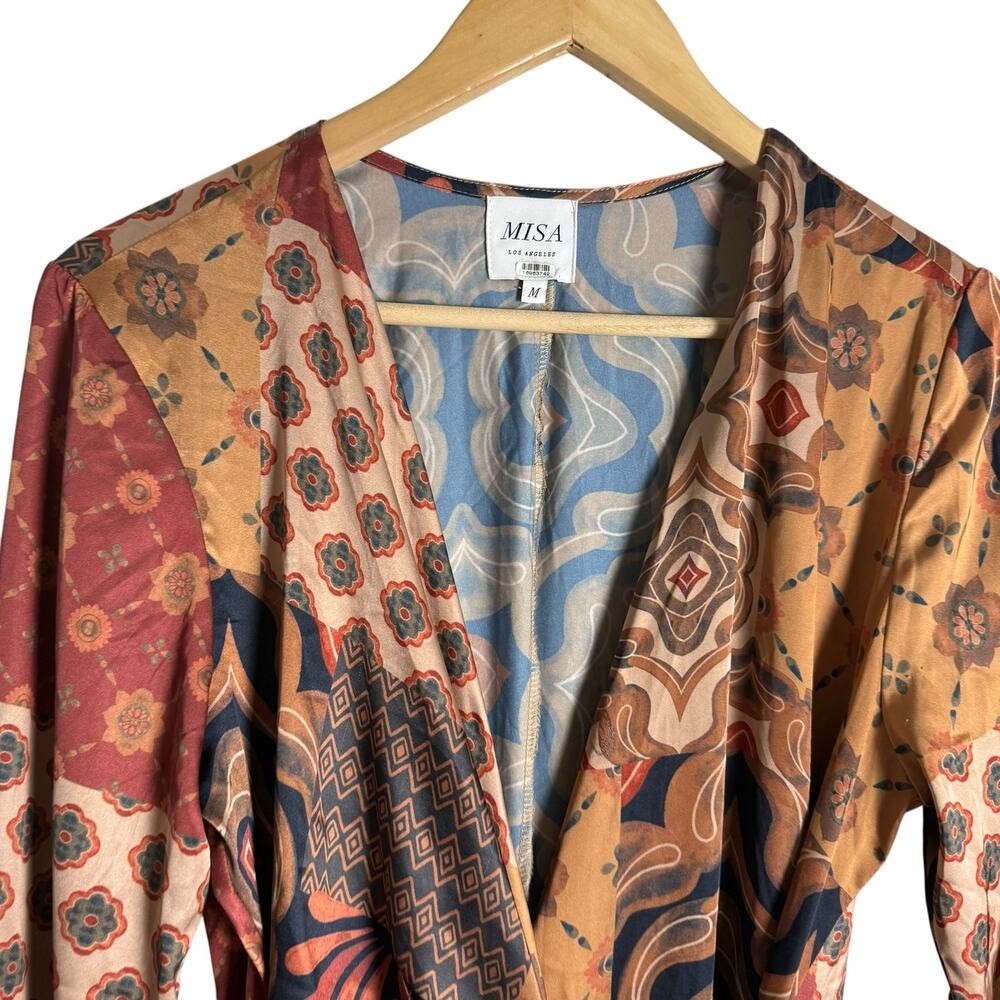 MISA Eliza Patchwork Print Long Sleeve Tie Waist Boho Wrap Midi Dress Size M - Picture 9 of 16